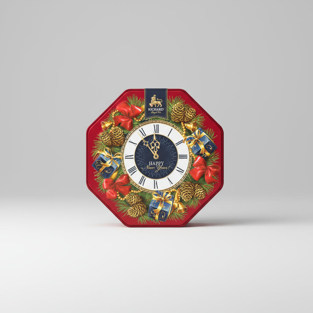 Decorative clock with festive design on a gray background