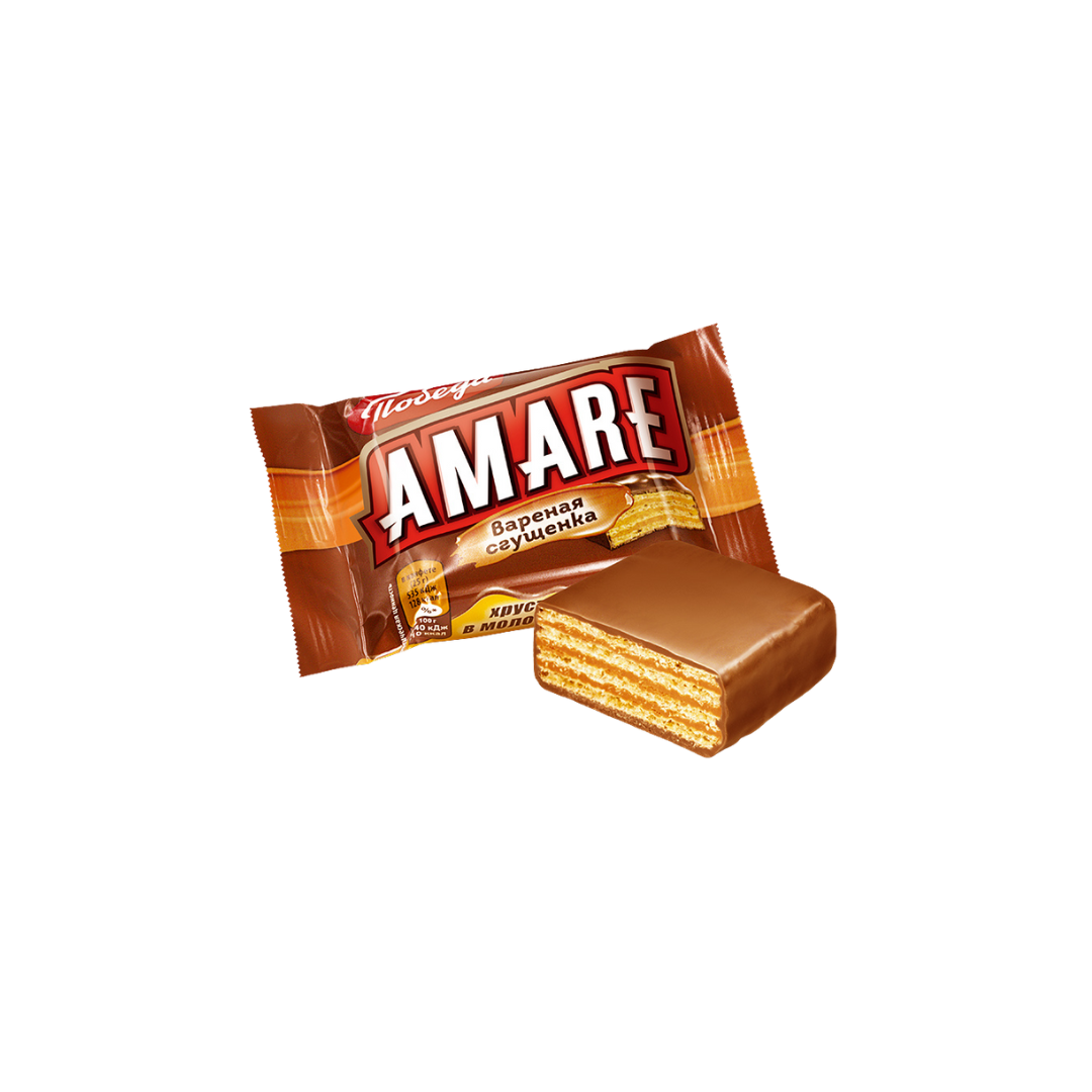 Wafer Candies “Amare” with Boiled Condensed Milk Filling in Milk Chocolate, Pobeda