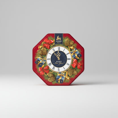 Decorative clock with festive design on a gray background