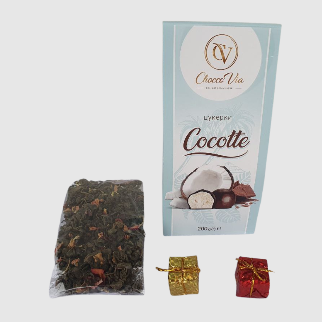 Kinkekorv Thursoni Tee ja Cocotte Kookosekommid, 275g