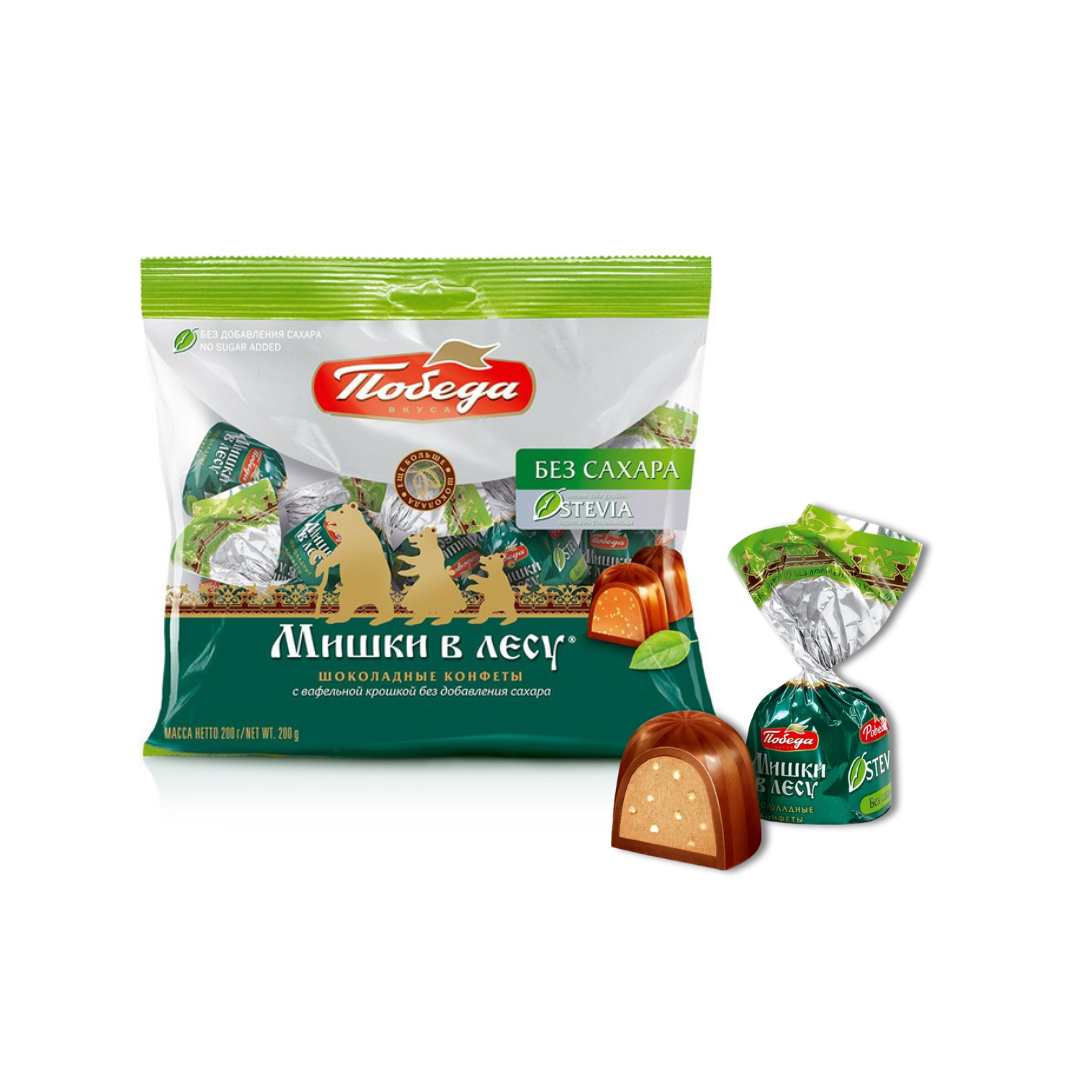 Sugar-Free Chocolate Candies “Mishki v Lesu” with Wafer Crumble, Pobeda, 200 g