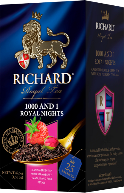 Richard 1000 and 1 Royal Nights, maasika- ja viinamarjamaitseline must ja roheline tee, teekotid 25x2g - Richard Tea Estonia