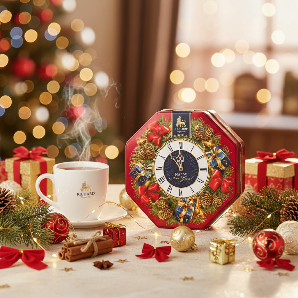 Decorative clock with Christmas theme on a table with a cup of tea and festive decorations.