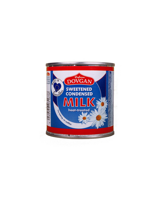Can of Dovgan Sweetened Condensed Milk on a white background