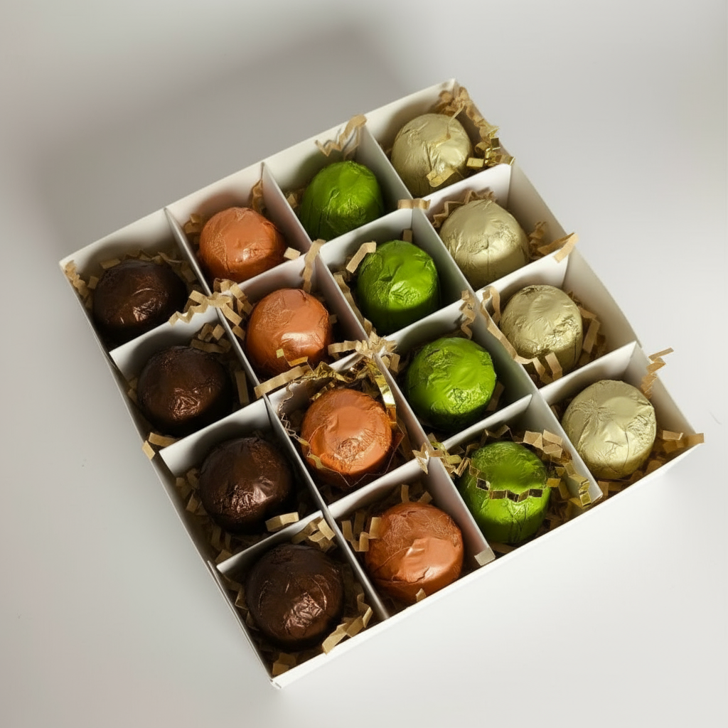 Box of assorted chocolates in green, brown, and gold on a light gray background