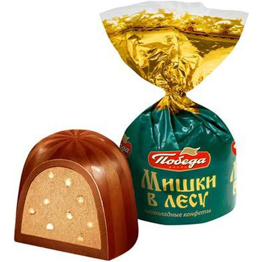 "Mishki v Lesu" Milk Chocolate Candy with Puffed Rice, Pobeda