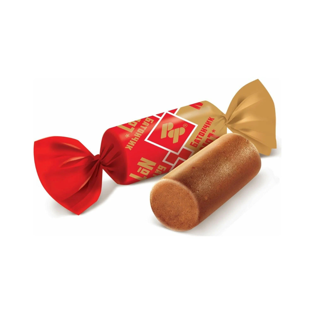 Two wrapped candies, one red and one brown - Batonchiki Candies, Rot Front, on a white background.