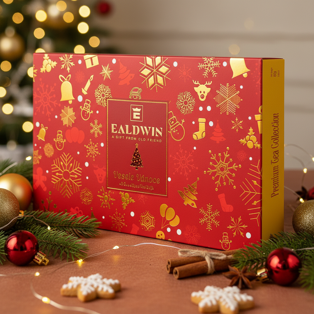 Red gift box with gold designs and 'Ealdwin' branding 
