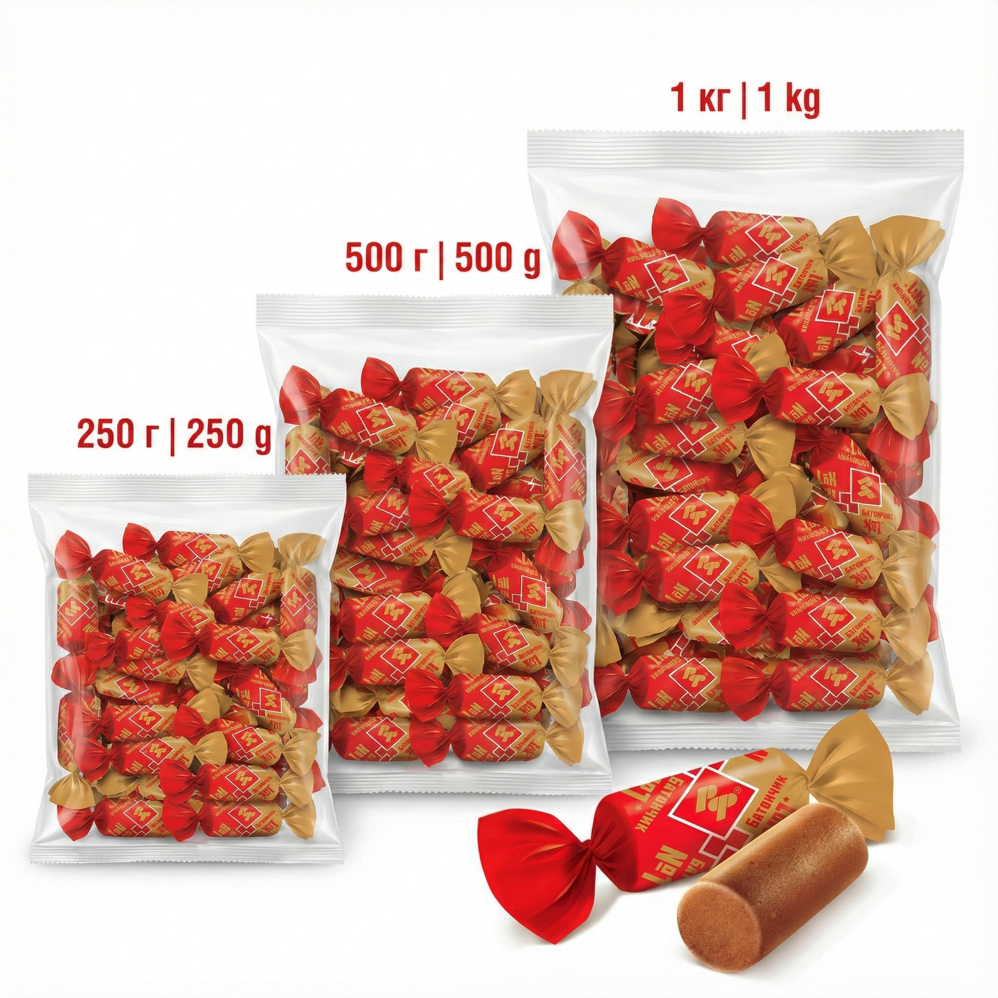 Packaging of Batonchiki Candies, Rot Front - red and gold wrapped candies with weight labels on a white background