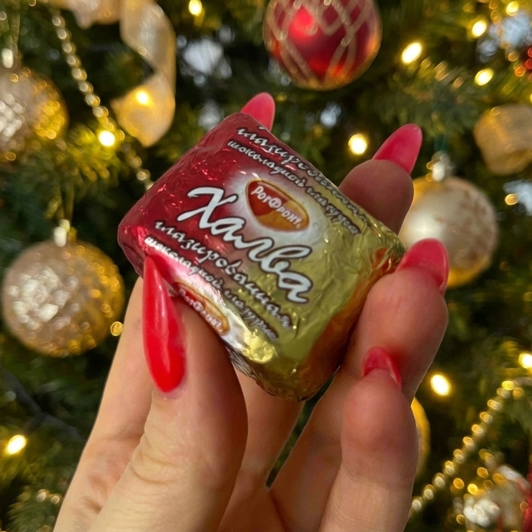 Hand holding a Halva Candies in Chocolate, Rot Front with a Christmas tree in the background