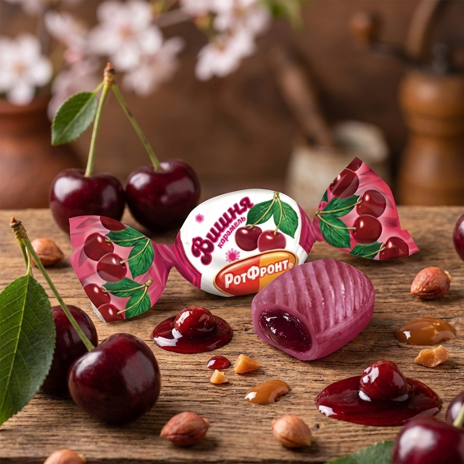 Cherry-flavored candies with packaging on a wooden surface surrounded by cherries and nuts.