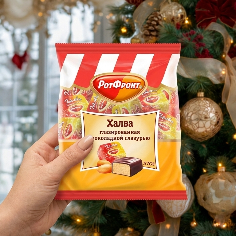 Hand holding a packet of 'Halva Candies in Chocolate, Rot Front, 370 gr' chocolate candy in front of a decorated Christmas tree.