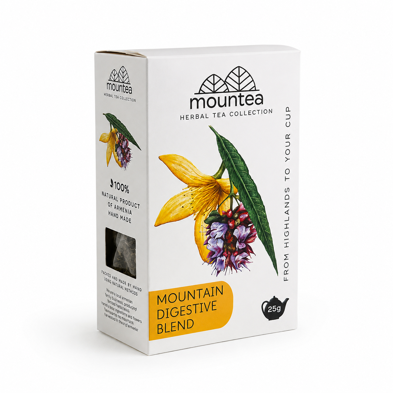 Mountea herbal tea collection packaging with mountain digestive blend on a white background