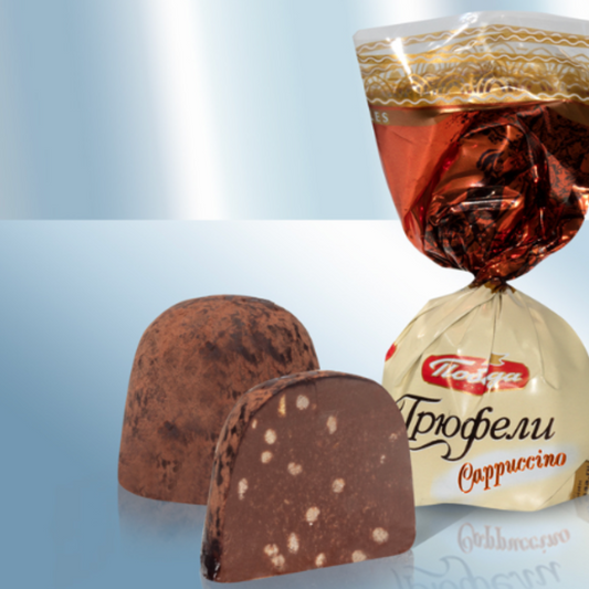 "Cappuccino Truffle" Candies with Puffed Rice in Dark Chocolate, Pobeda