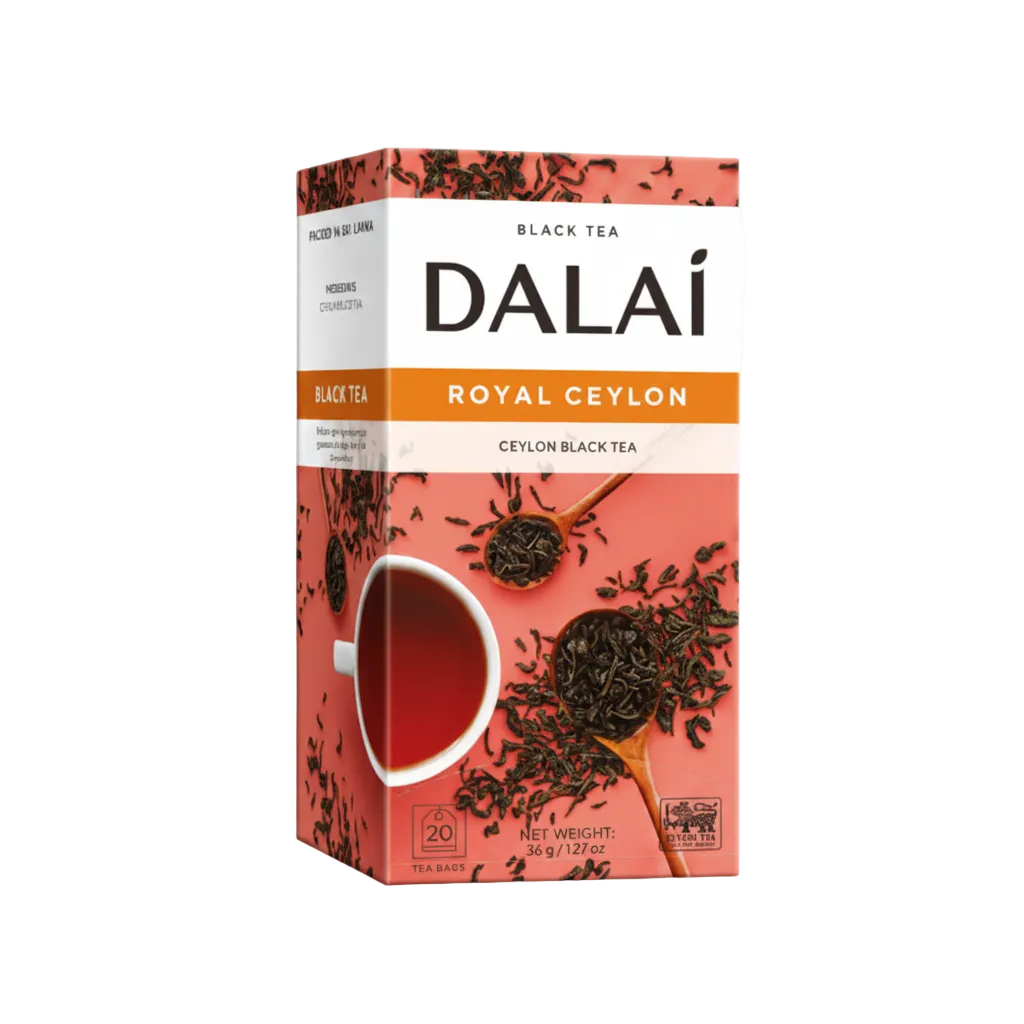 DALAI Royal Ceylon black tea packaging on a beige background