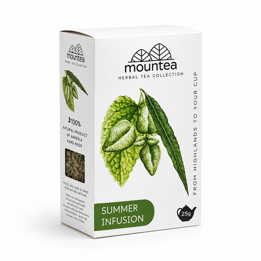 Mountea herbal tea collection packaging with green leaves and text on a white background