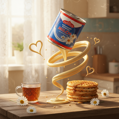 Dovgan condensed milk can with blue label and white daisies on a white background