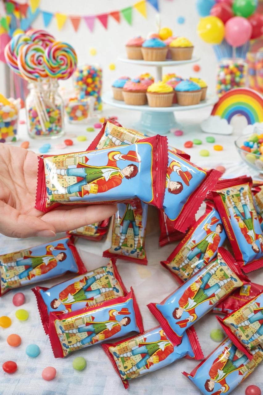 Wafer Candies "Gulliver", Chocoboom bars with character design on a table with candies and balloons in the background